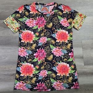 Johnny Was JWLA Bamboo Floral Tee XXS Butterfly Dahlia Mixed Print Boho Soft